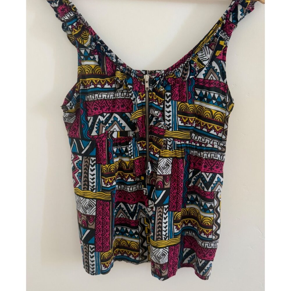 Fun Y2K Vintage Womens Babydoll Top M Bold Axtec like Art Patchwork Print Soft